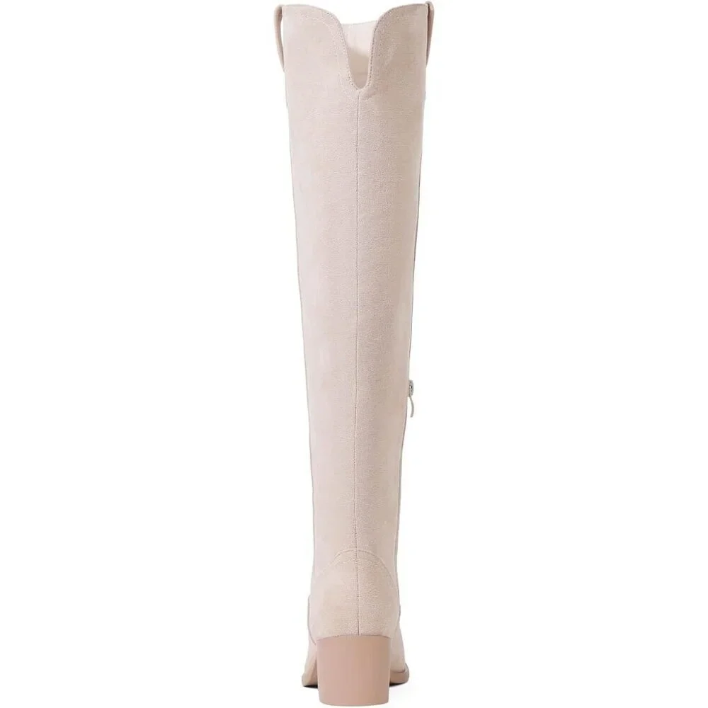 🆕Women's Beige Faux Suede Over The Knee Thigh High Chunky Heel Pointed Toe Boot